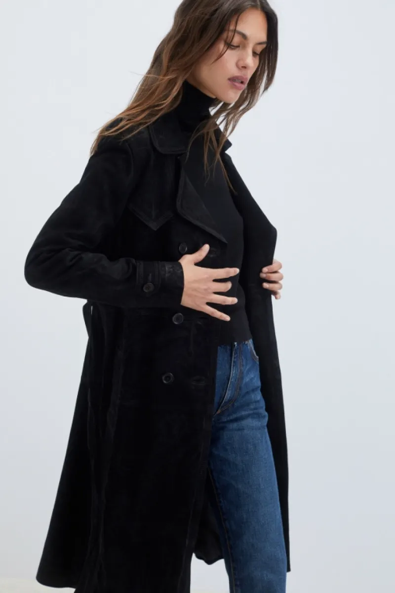 Roy Rogers Capispalla>Trench In Suede Washed NERO